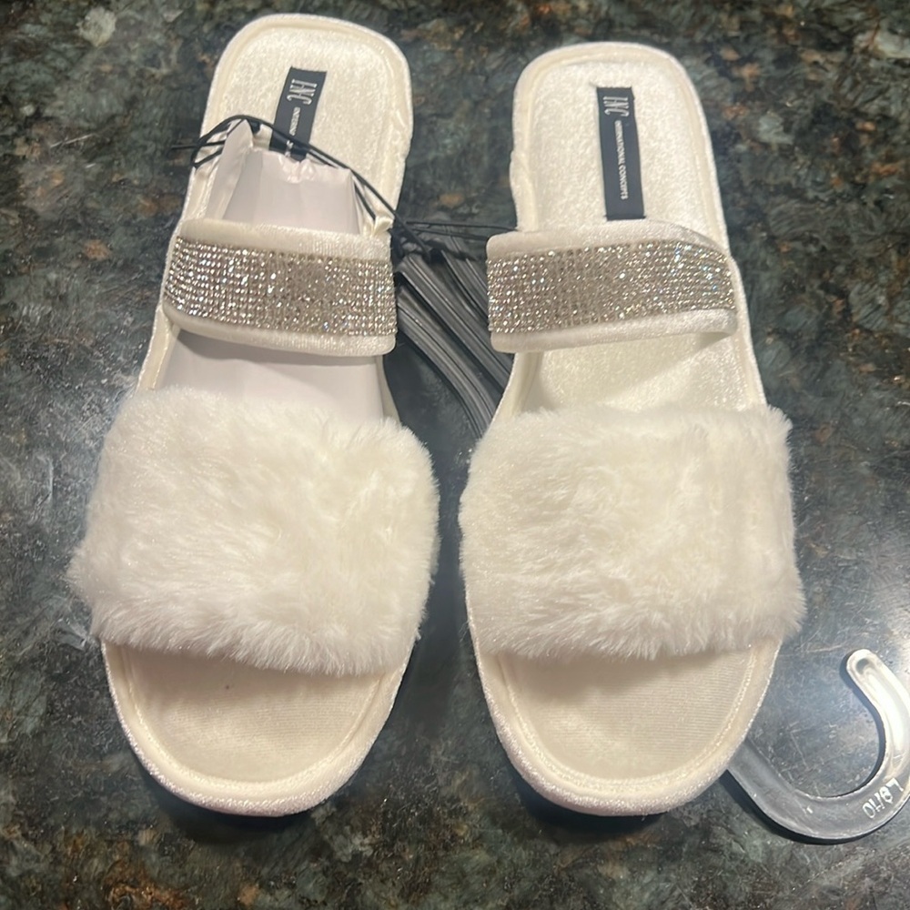 INC International Concepts White Faux Fur Slide Slippers with Rhinestone Strap